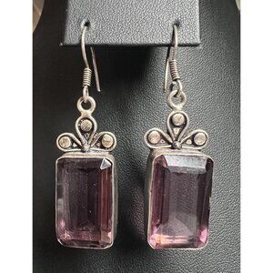 Vintage Sterling Silver Pink Tourmaline Earrings Huge Emerald Cut 15+ Carats